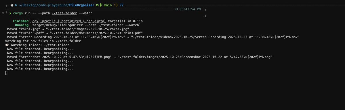 Subhdotsol's tweet image. I was exploring @praptichilling  FileOrganizer solid foundation, but I felt it could be even smarter. So I jumped in and raised a PR with some upgrades:
1. Duplicate detection to avoid repeated files
2. Date-based sorting by last modified date
3. Real-time watch mode to…