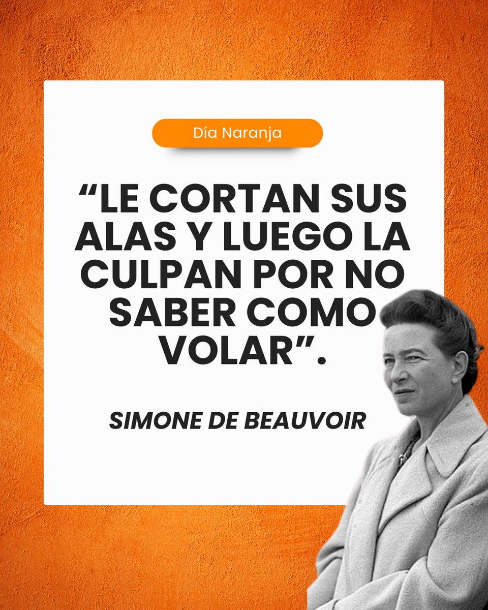 🟧 Día Naranja 🟧
“Le cortan sus alas y luego la culpan por no saber cómo volar.” — Simone de Beauvoir

Cada 25 de mes se conmemora el Día Naranja, una iniciativa de la ONU para generar conciencia y actuar contra la violencia hacia las mujeres y las niñas.
#DíaNaranja