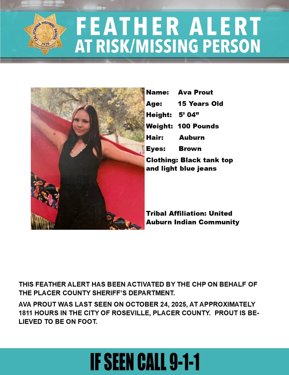 CHPAlerts's tweet image. Feather Alert- Placer, Sacramento, El Dorado, and Sutter Counties
Last seen: Mariposa Avenue, and Whyte Avenue, Roseville, Placer County
@PlacerSheriff
IF SEEN, CALL 9-1-1