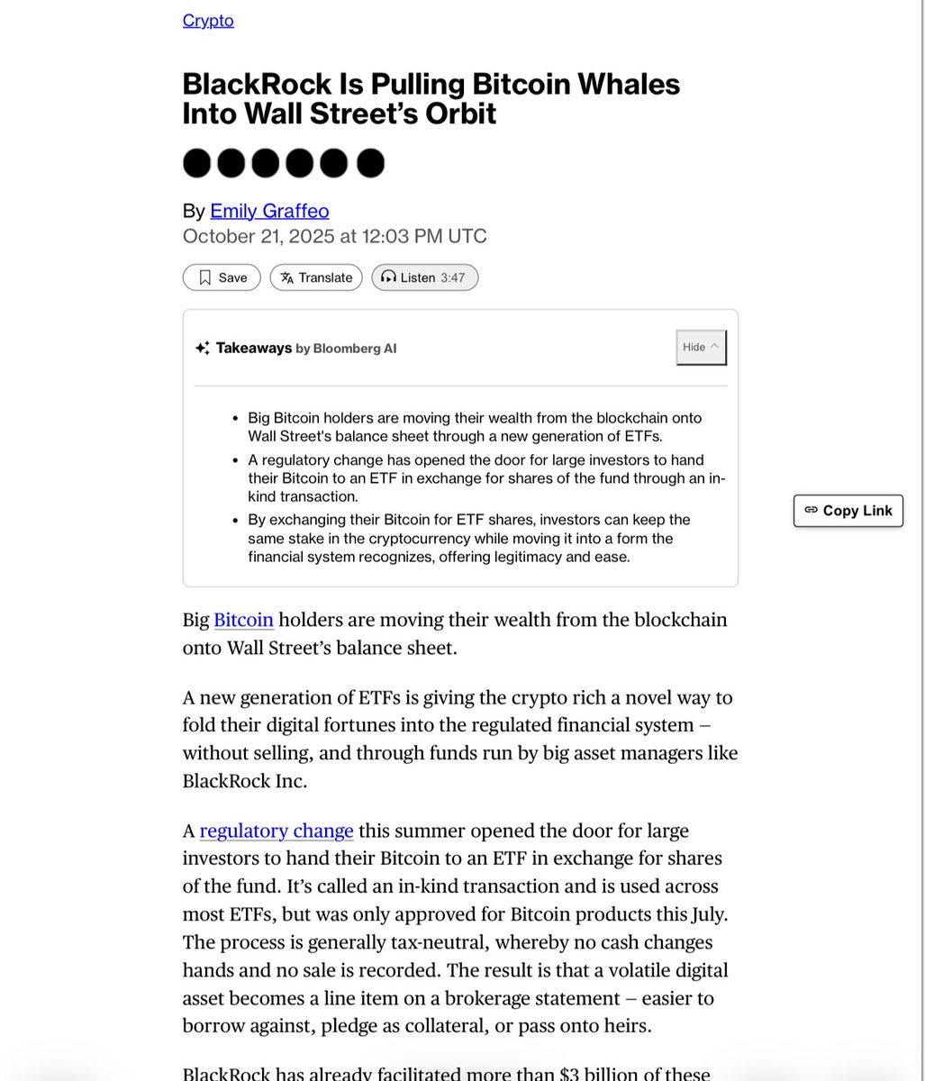 THEY MOVED $3 BILLION AND NOBODY NOTICED

This is not a drill. This is not speculation. This is the silent coup of our generation.

Since July, Bitcoin whales executed the largest ideological betrayal in financial history—$3 BILLION transferred from self-custody into BlackRock’s