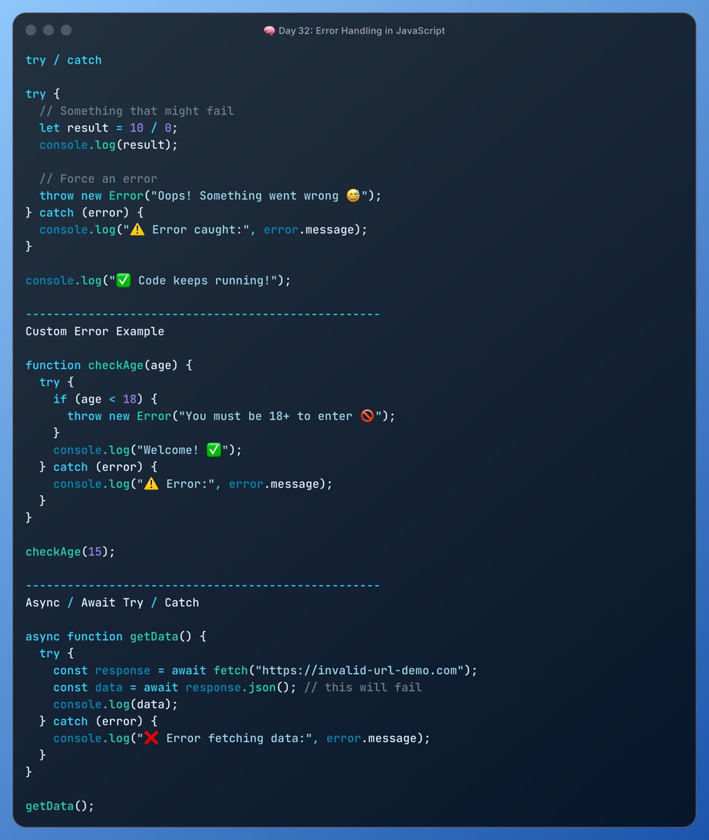 guriii3108's tweet image. 🚀 Day 32/100 — Handling JS Errors
Today’s focus: keeping apps from crashing
✅try / catch / finally
✅Custom error messages
✅Async error handling with await
✅Retry + fallback logic
Continuing this tomorrow also💫
#100DaysOfCode #JavaScript #WebDevelopment #ErrorHandling #ES6