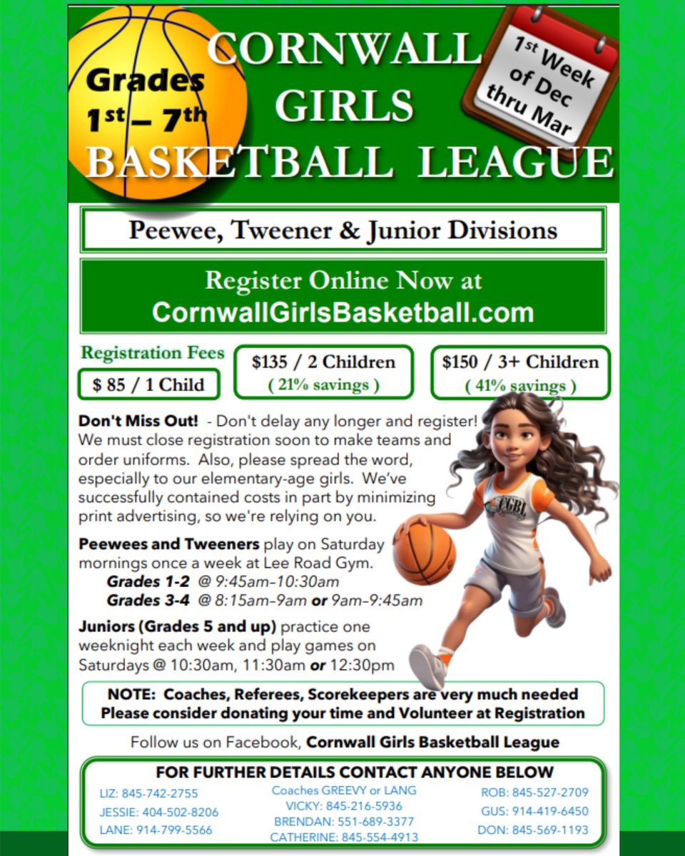 Cornwall Girls Youth Basketball League is ready for another great season!!! Open to all Cornwall Girls in grades 1 - 7. Register Now: cgblny.com
