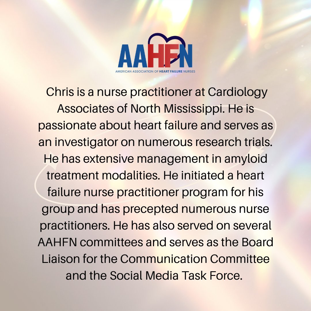 AAHFN is proud to introduce our Secretary, Chris Bell, MSN, ACNP! 

#AAHFN #HeartFailureNursing #NursingLeadership #HeartFailureCare #AdvancedHeartFailure #NursePractitioner #Cardiology #NurseLeaders