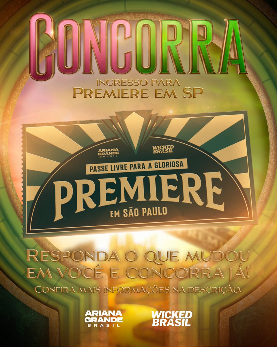 arianagrandebr's tweet image. 🚨 ARIANATORS! Sua chance de ir à premiere de "Wicked: Parte II" está aqui.

Responda dizendo o que o musical e Ariana Grande mudaram em você e concorra a um ingresso para esse momento incrível.

Convidados serão anunciados em 28/10. Nos vemos em Oz. 🧹🫧

#ArianatorsNaPremiere