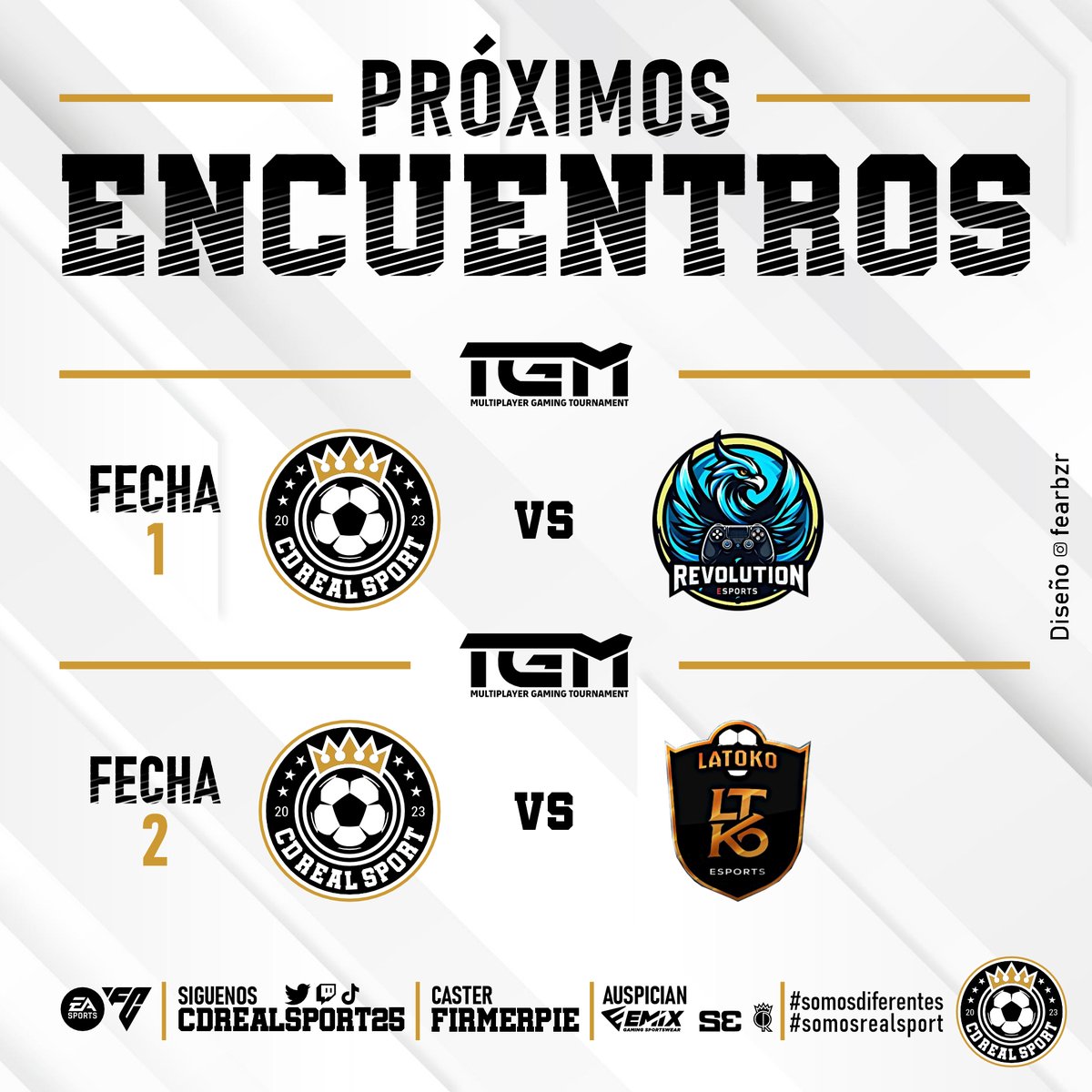-CD REAL SPORT-

<a href="/LigaTGM/">Liga TGM</a> 

🏠🆚 <a href="/Revolution_CD/">Revolution eSports</a> 
🏠🆚<a href="/LTKESPORTS__/">LTK ESPORTS</a>

Síguenos: 
📺|twitch.tv/cdrsports
🖌️|<a href="/fearbzr/">Fernando Arocena FE4rBzR*</a>  
🎙️|<a href="/FIRMERPIE/">FIRMERPIE</a>  

#somosdiferentes #somosrealsport
💛🖤🤍