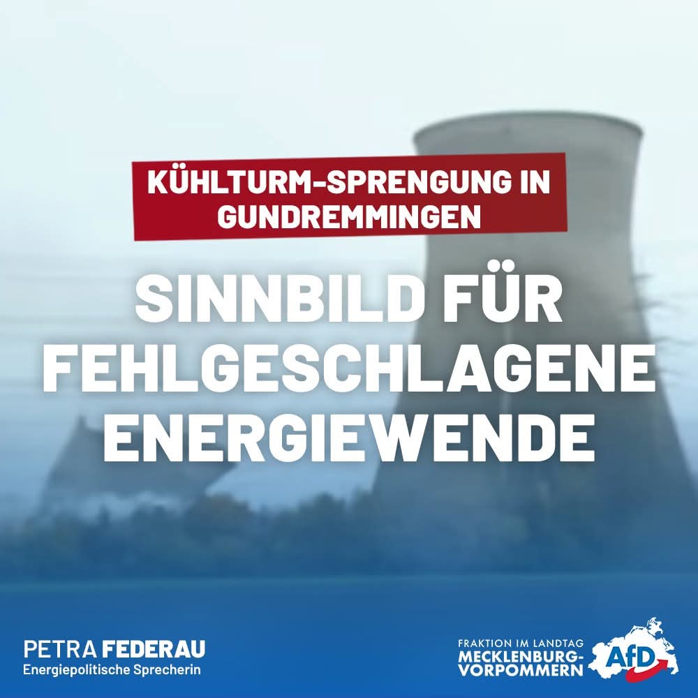 +++ Betrifft auch MV direkt: Kühlturm-Sprengung in Gundremmingen ist weiteres Sinnbild für die fehlgeschlagene Energiewende +++

Am heutigen Samstagmittag um 12 Uhr wurden die Kühltürme des ehemaligen Kernkraftwerks im bayerischen Gundremmingen gesprengt. Das Kraftwerk wurde im