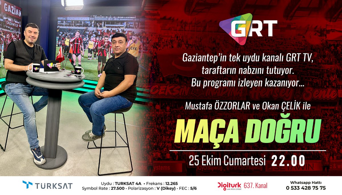 🎁 HEDİYELER YAĞIYOR! 🎁
“Maça Doğru” programımızla sürpriz hediyeler dağıtmaya devam ediyoruz! ⚽🔥
Bu paylaşımı beğen ve paylaş
Pazartesi 20.00’de oynanacak Gaziantep FK – Fenerbahçe maçının sonucunu tahmin et,
ve birbirinden güzel hediyeleri kazanma şansı yakala! 🎉

📺