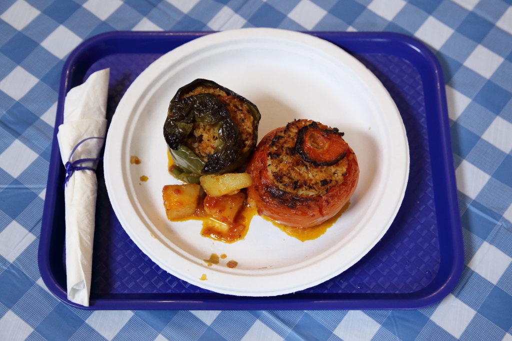Christmas red and green arrive early: stuffed tomatoes and peppers at the St. Spyridon Greek Food Festival and Bazaar, Wadsworth Ave., Manhattan. Continues Saturday, noon-6:00, and Sunday, with a dance performance (arrive early to beat the after-church rush!), noon-5:00.