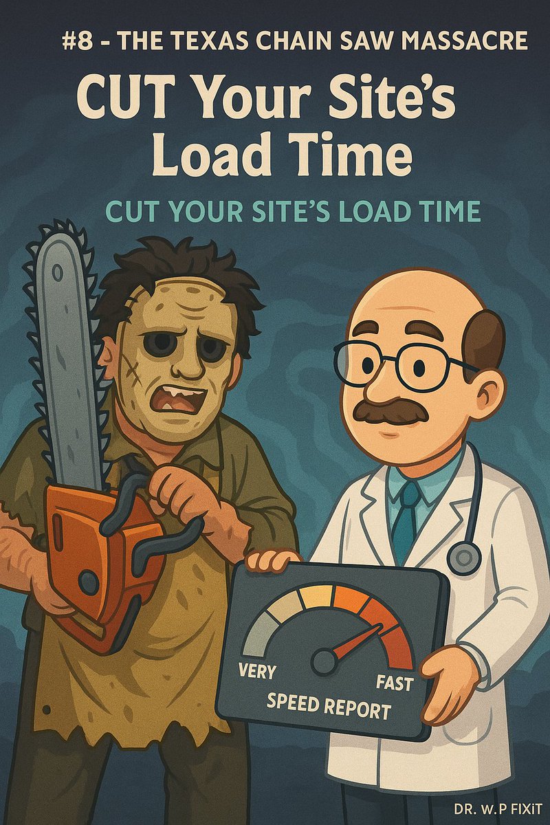 WPSiteDoctor's tweet photo. Dr. W.P. Fixit’s Top 10 Favorite Halloween Movies

#8 – The Texas Chain Saw Massacre (1974)
Leatherface isn’t the only one who can wreck your site speed. Unoptimized images &amp; bloated code = chaos.

Doctor’s Orders:
Speed optimization is your chainsaw defense.
#WordPressTips https://t.co/GSZEvYRQb7
