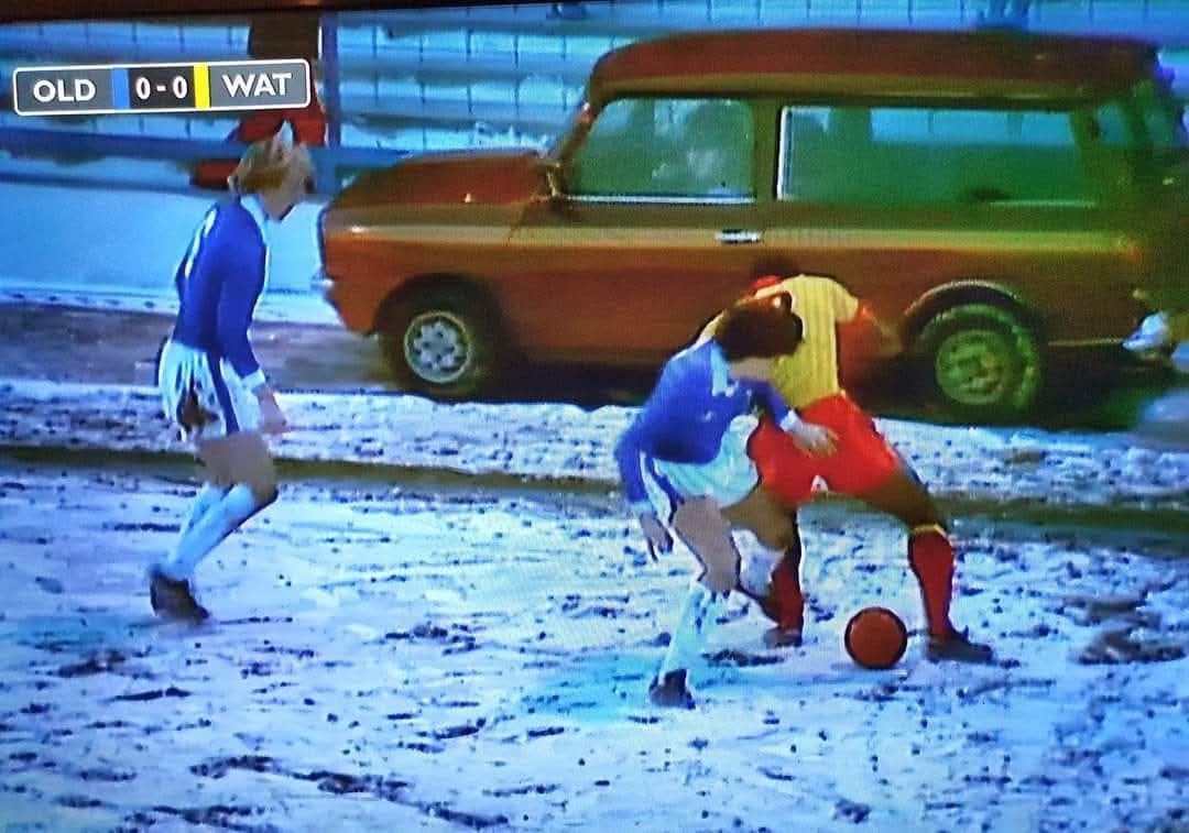 <a href="/jslovechild/">Jimmy Sirrel's Lovechild</a>  January '82 and a bloke in a brown Mini Clubman casually watches Oldham  Watford from the track surrounding the pitch! I'd love to have seen the players crawling underneath the car to retrieve the ball, just like we used to when playing football in the street