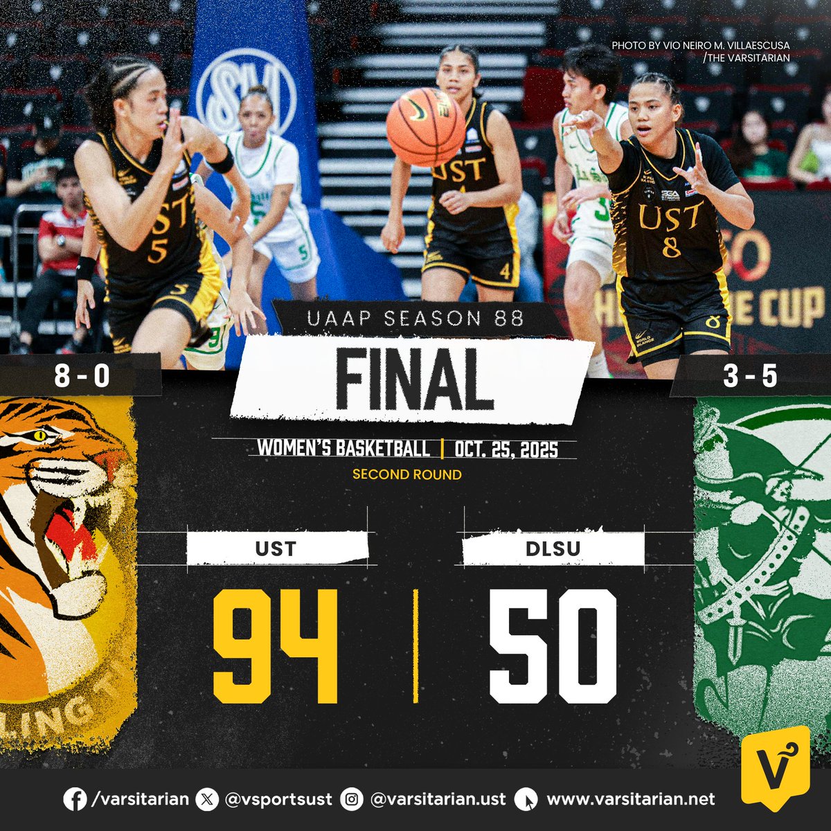 TIGRESSES NOW 8-0 🐯

FINAL: The UST Growling Tigresses open Round 2 of #UAAPSeason88 women's basketball tournament with a dominant win against the DLSU Lady Archers. #GoUSTe