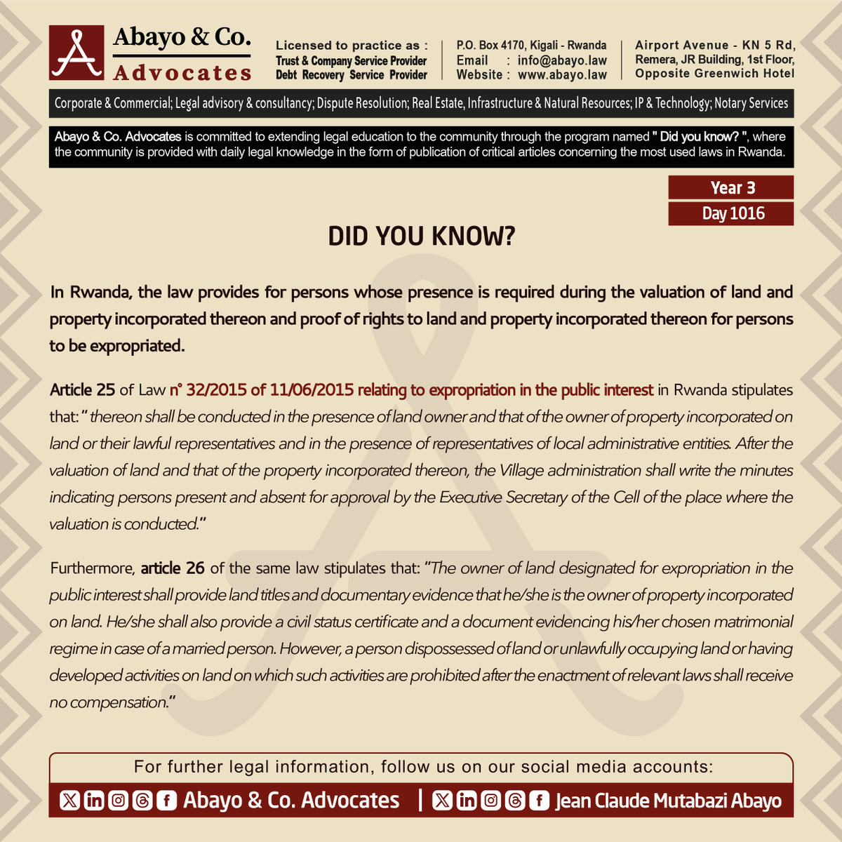 ◉  Are you aware of persons whose presence is required during the valuation of land and property incorporated thereon?

◉  Are you aware of proof of rights to land and property incorporated thereon for persons to be expropriated?

This is what the law provides ⤵️