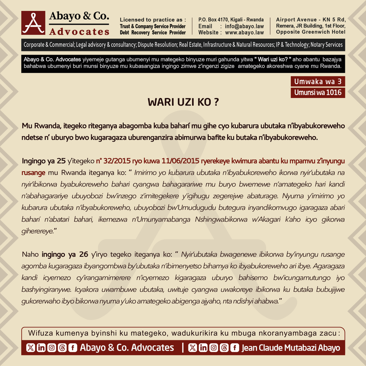◉  Wari uzi abagomba kuba baharí mu gihe cyo kubarura ubutaka n’ibyabukoreweho?
◉  Wari uzi uburyo bwo kugaragaza uburenganzira abimurwa bafite ku butaka n’ibyabukoreweho?

Dore uko itegeko ribiteganya ⤵️ 

#SomaUmenyeAmategeko #ReadtoKnowtheLaws #TumenyeAmategekoAtugenga