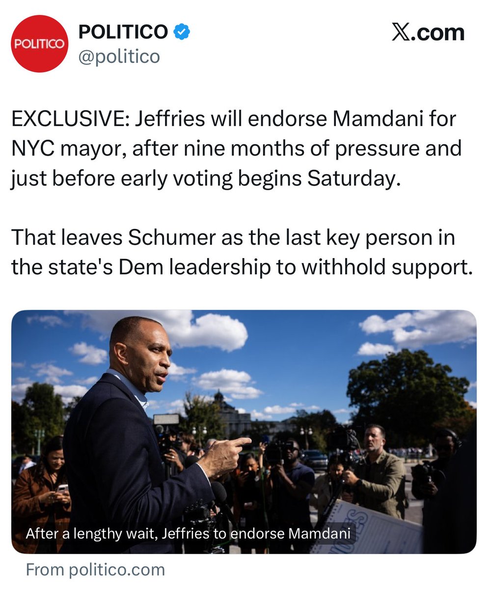 The night before polls open in NYC, House Dem Leader Hakeem Jeffries finally bent the knee and endorsed Socialist Zohran Mamdani for mayor. 

They are no longer the party of JFK. 

There are open Marxists and Communists leading the far-left movement. Nobody is stopping them.