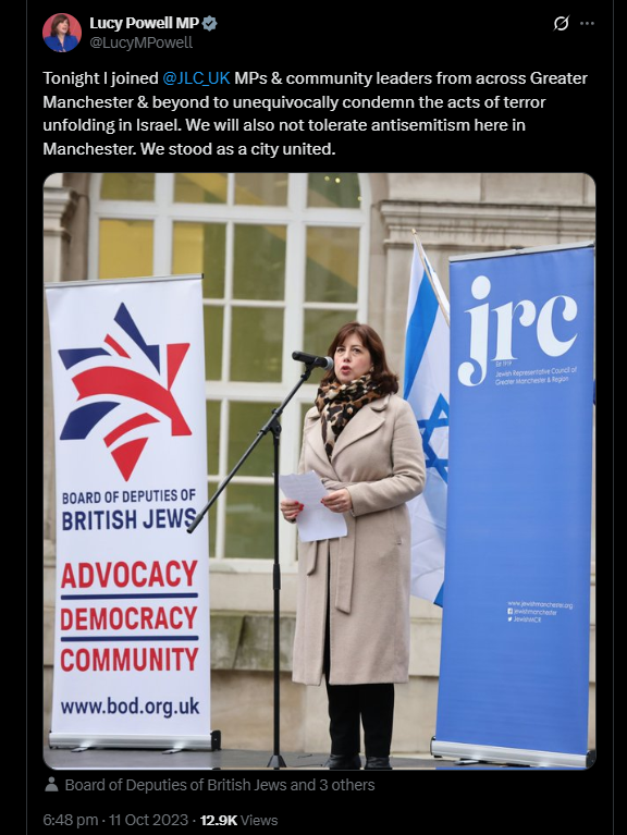 The new Labour Party Deputy Leader.
Lucy Powell is a member of Labour Friends of Israel and has taken Israel lobby money. She also voted for Palestine Action to be declared a terrorist organisation and was absent for every vote on a ceasefire.