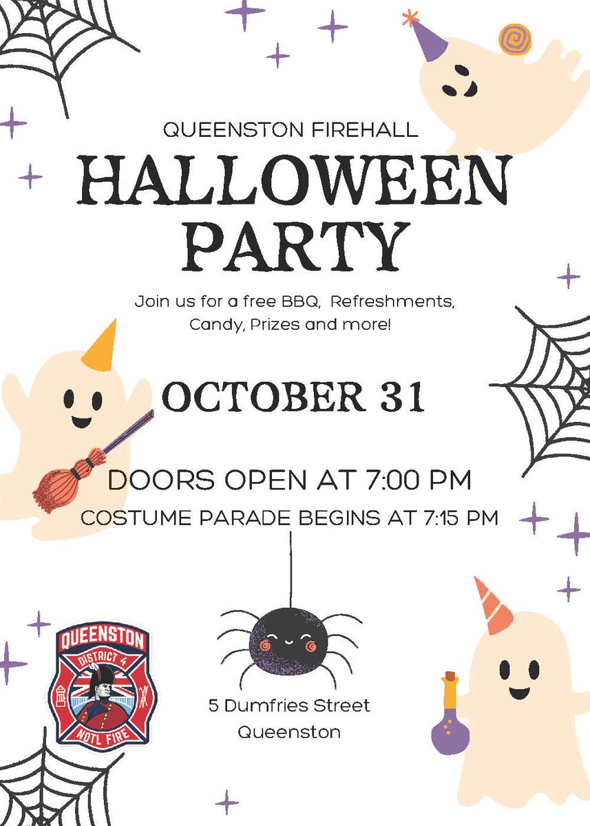 🎃👻 Come celebrate Halloween at the Queenston Firehall!
📍 5 Dumfries St, Queenston
🕖 Doors open at 7:00 PM
🎭 Costume Parade at 7:15 PM
🍔 Free BBQ, 🍬 Candy, 🎁 Prizes &amp; more!
All ages welcome — don’t miss the fun! 🧡🖤
#QueenstonHalloween #NOTLEvents #HalloweenParty