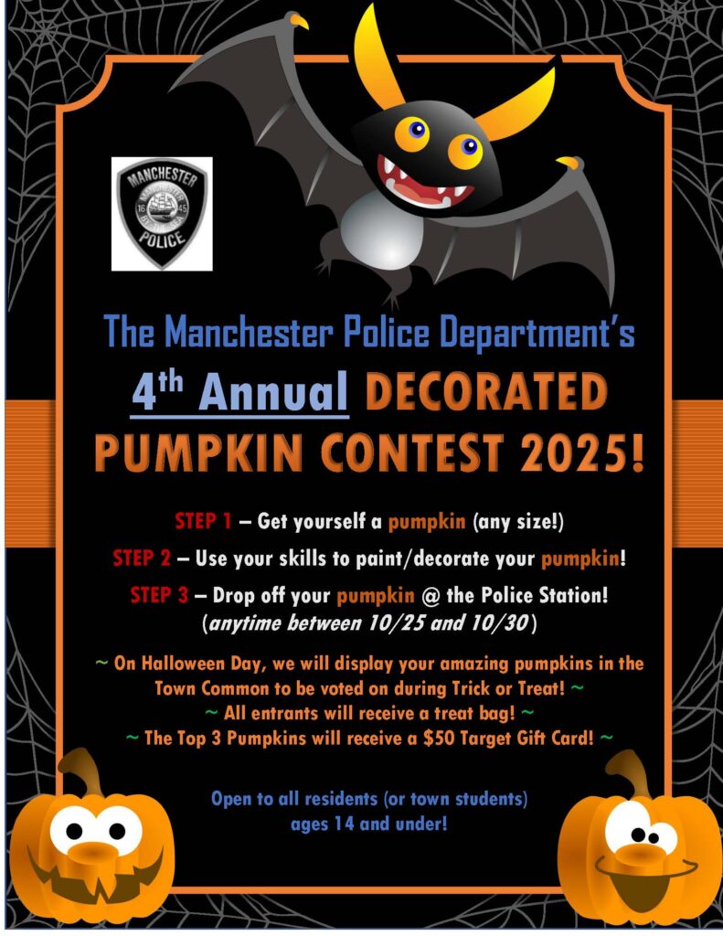 ChiefFitzMPD's tweet image. Annual Pumpkin Decorating Contest: The Manchester-by-the-Sea Police Department is holding the 4th Annual Pumpkin Contest this year. All pumpkin artists ages 14 and under are invited to participate. Here… manchestermapd.com/annual-pumpkin…