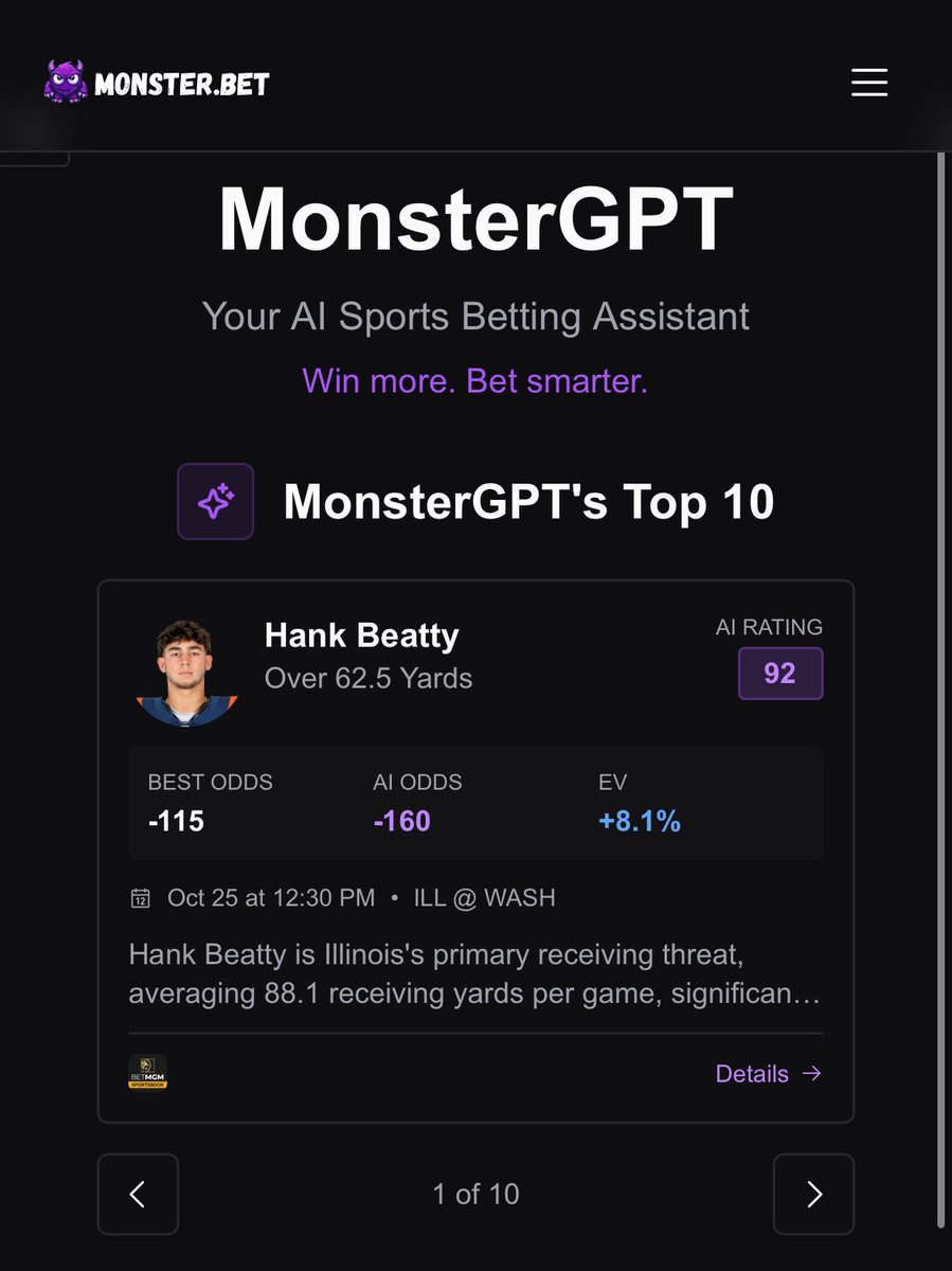 monsterdotbet's tweet image. 6-3 AI POTD run 🤖
Just shipped a ton of new stuff, so makes sense for the AI POTD to be MonsterGPT’s number 1 pick as of rn ⬇️
$50 to someone who ❤️ if we cash
Use code “nfl” for 50% off of our software at monster.bet