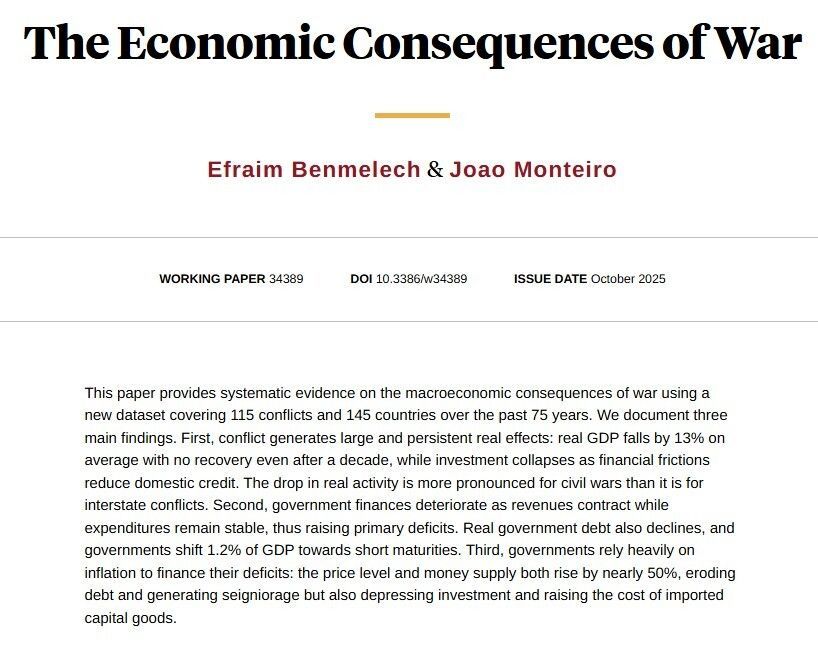 Providing systematic evidence on the macroeconomic consequences of war using a new dataset covering 115 conflicts and 145 countries over the past 75 years, from Efraim Benmelech and Joao Monteiro nber.org/papers/w34389