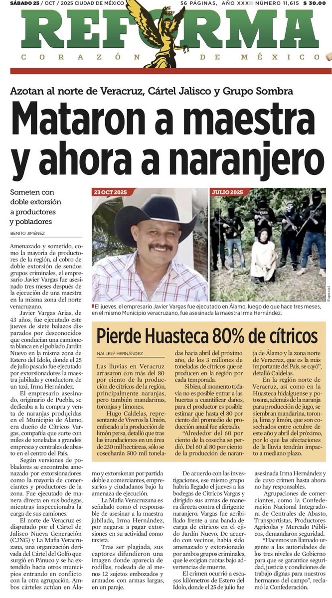 Bere Aguilar (@bereaguilarv) on Twitter photo ¡Criminal!  Veracruz, tierra sin ley bajo Sheinbaum y Nahle.  
¿Se acuerdan de la maestra que “les guste o no, murió de un infarto”? 
Ah, pues ahora el turno fue para un productor de cítricos en Álamo.
Extorsionan, secuestran y matan. México se hunde en la impunidad. ¡Criminal!  Veracruz, tierra sin ley bajo Sheinbaum y Nahle.  
¿Se acuerdan de la maestra que “les guste o no, murió de un infarto”? 
Ah, pues ahora el turno fue para un productor de cítricos en Álamo.
Extorsionan, secuestran y matan. México se hunde en la impunidad.