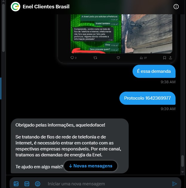 aqueledoface's tweet photo. Como já era de se esperar, a @EnelClientesBR deu sua incrivel atenção. @prefsp @AnatelGovBR @ANEEL_govbr @proconspoficial
help? https://t.co/MVEUkXkTF3
