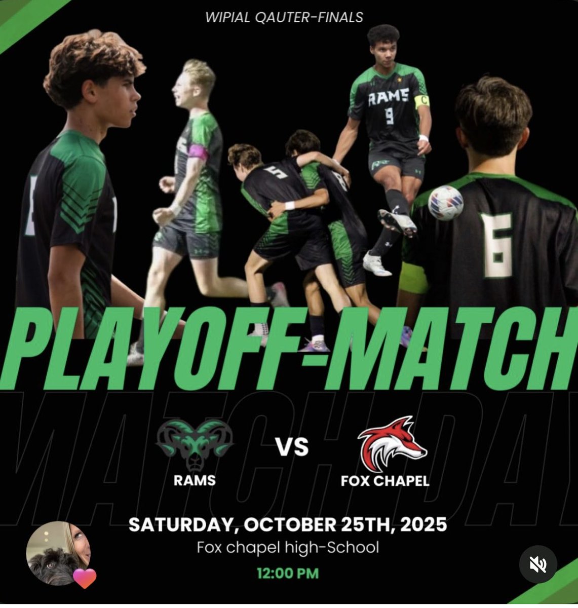 Quarter final match 12:00 at Fox Chapel ⚽️. #anygivensaturday postseason. Let’s roll rams ! <a href="/pghsoccernow/">Pittsburgh Soccer Now</a> <a href="/TribLiveHSSN/">TribLive HSSN</a> <a href="/PR_RamsAD/">Pine-Richland Athletics</a> <a href="/PGSportsNow/">Post-Gazette Sports</a> <a href="/PGVarsityXtra/">PG Varsity Xtra</a> <a href="/Big56Conference/">Big 56 Conference</a>