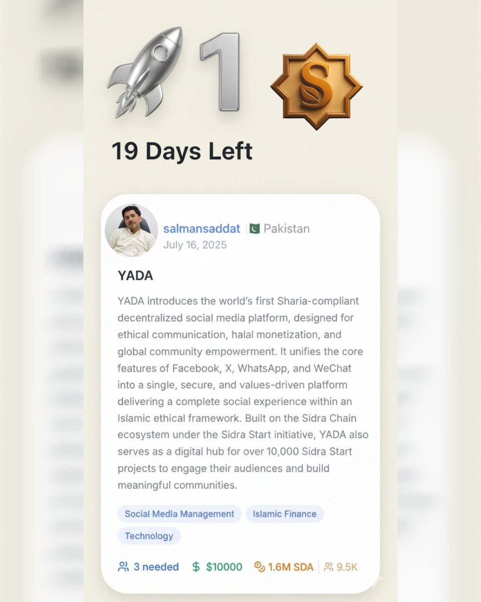 YeversonGomez's tweet image. 🚀 #YADA social network is skyrocketing!📈 Thanks to our amazing investors, we&apos;re the #1 Trending #project on #SidraStart. Only 19 days left to invest, act now to get profits in our #company.

Link:
sidrastart.com/project/1e9232…
TG:
t.me/YADASidraGemWo…

#SGWA #SidraChain #Sidra $Pi