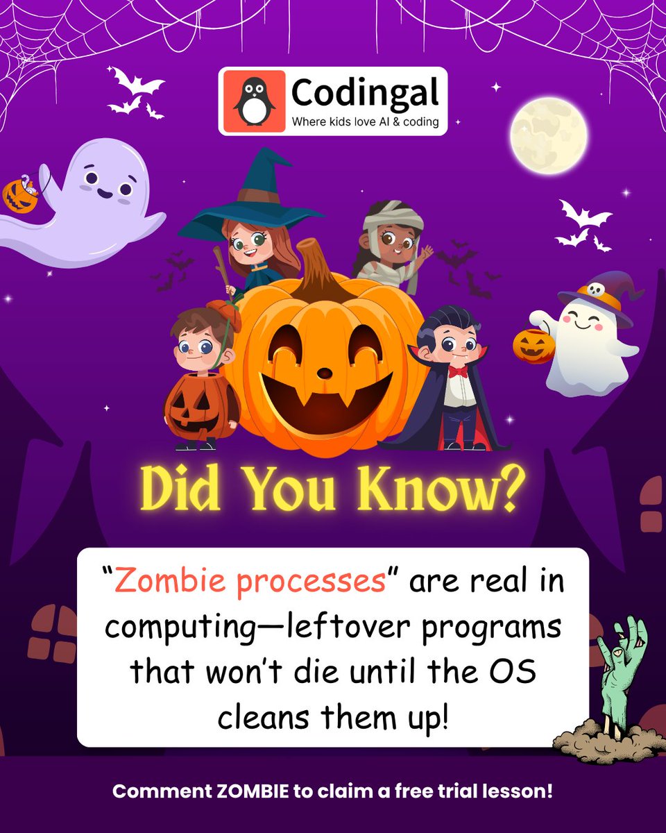 codingal's tweet image. Trick or tech? 🎃 Unwrap eerie facts about code that’ll give you byte-sized chills. Swipe to know!
#SpookyTech #Halloween #CodingFacts #CodeNewbie #GirlsWhoCode #STEMEducation #JavaScript #PythonForKids #MakersGonnaMake #Codingal