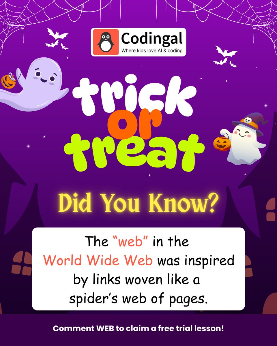 codingal's tweet image. Trick or tech? 🎃 Unwrap eerie facts about code that’ll give you byte-sized chills. Swipe to know!
#SpookyTech #Halloween #CodingFacts #CodeNewbie #GirlsWhoCode #STEMEducation #JavaScript #PythonForKids #MakersGonnaMake #Codingal