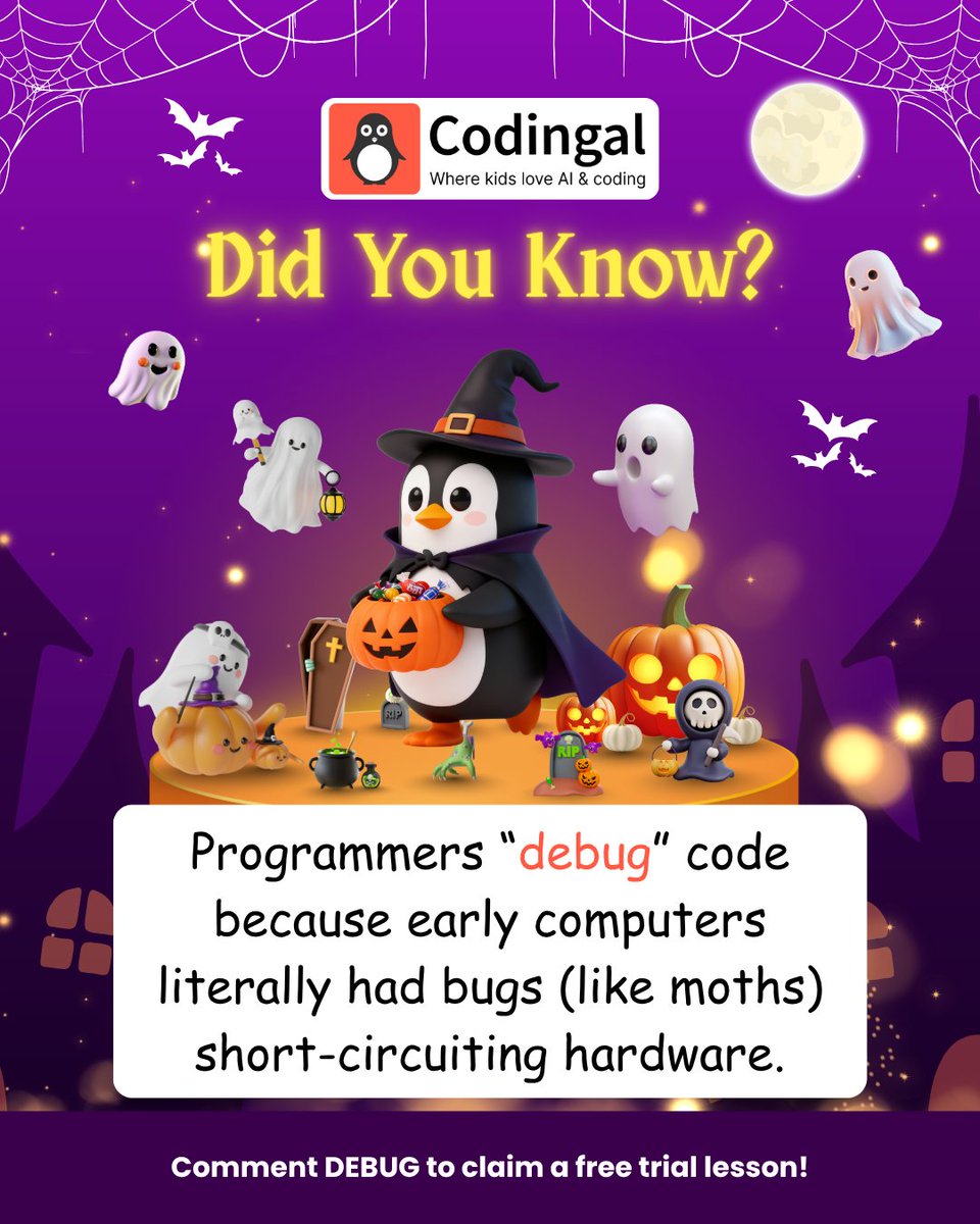 codingal's tweet image. Trick or tech? 🎃 Unwrap eerie facts about code that’ll give you byte-sized chills. Swipe to know!
#SpookyTech #Halloween #CodingFacts #CodeNewbie #GirlsWhoCode #STEMEducation #JavaScript #PythonForKids #MakersGonnaMake #Codingal