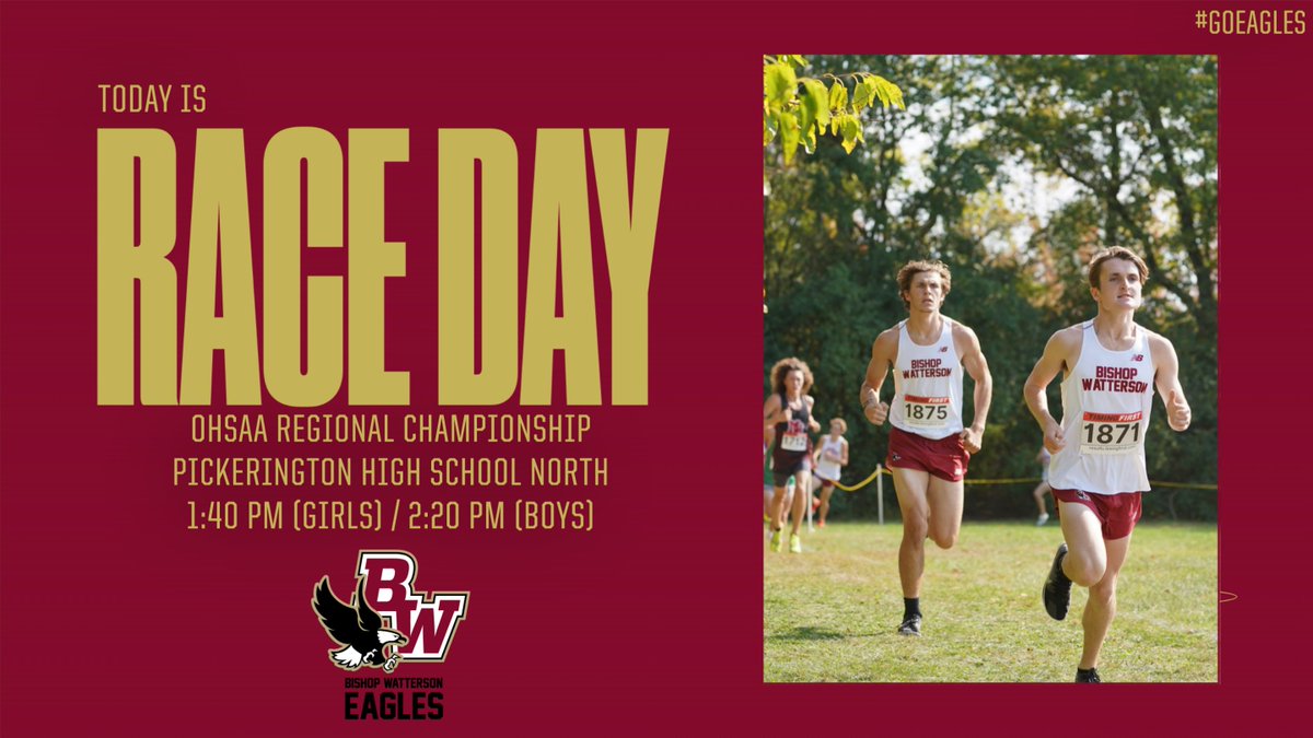Bishop Watterson Cross Country (@wattersonxc) on Twitter photo Wake up, it's race day! Come out to Pickerington to support our boys and girls teams as they compete in the regional meet.
βοΈ OHSAA Regional Championship
π
 Sat., Oct. 25
β° 1:40 pm (girls) / 2:20 pm (boys)
π Pickerington High School North
π Results: milesplit.live/meets/700079 Wake up, it's race day! Come out to Pickerington to support our boys and girls teams as they compete in the regional meet.
βοΈ OHSAA Regional Championship
π
 Sat., Oct. 25
β° 1:40 pm (girls) / 2:20 pm (boys)
π Pickerington High School North
π Results: milesplit.live/meets/700079