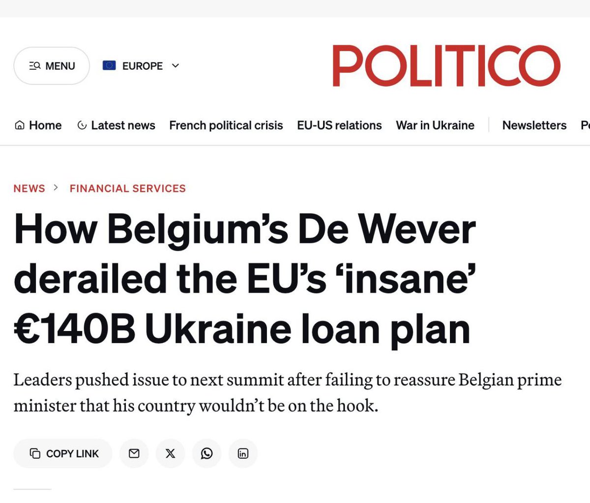 27khv's tweet image. Belgium’s PM warns that seizing Russian assets would be "insane."

Of course it would. Moscow would just seize Western assets in Russia, and then EU governments would end up having to compensate their own companies.

So what’s the point of this endless theatre?