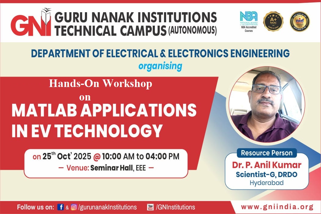 GNInstitutions's tweet image. Dept. of EEE, GNITC, successfully held a hands-on 'MATLAB in EV Technology' workshop on 25 Oct 2025 with Dr. P. Anil Kumar, DRDO. #GNI #EEE #EVTech #DRDO