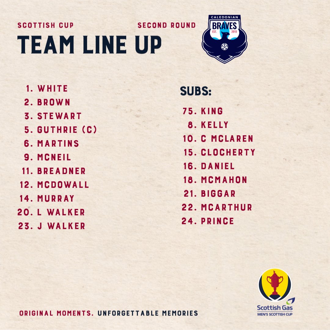 🗞️ The Braves XI to face <a href="/Stirling_Albion/">Stirling Albion FC</a> 

👏 Congratulations to U20s youngster Riley Daniel on being named in the first team squad for the first time!

📺 app.staylive.io/caledonianbrav…

#CaledonianBraves #MatchDay #ScottishCup