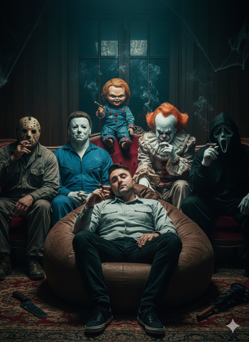 Gemini Nano Banana Prompt:

{
  "image_request": {
    "prompt": "A cinematic photo of a person (from attached photo, same face and attire) sitting on a bean bag holding a cigar, surrounded by famous horror movie villains: Jason Voorhees, Michael Myers, Chucky, Pennywise the