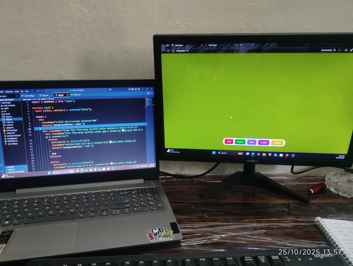 rajxcode's tweet image. #Day9 🥷🏽
Built a Background Color Changer in React + Tailwind+vite 

💢 Click button -&amp;gt; watch the whole      page change colors smoothly.

📚Learned: useState, dynamic rendering, responsive design &amp;amp; Tailwind.  Magic ✨
@Hiteshdotcom @ChaiCodeHQ
#ReactJS   #ChaiorCode #Masterji