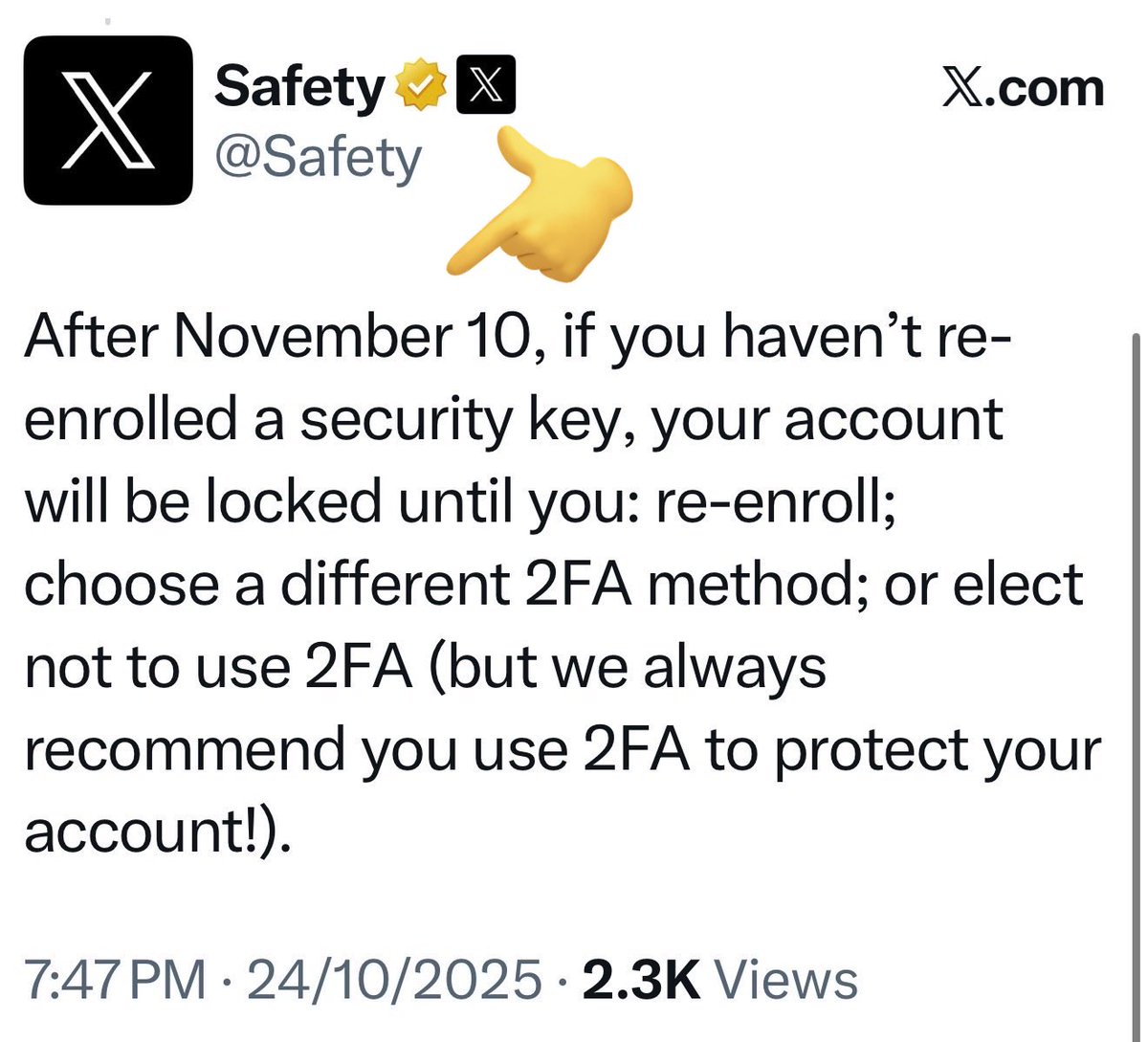 للتذكير 🚨 :

بعد 10 نوفمبر لو أنت ما فعلت مفتاح الأمان 
راح يقفلون حسابك في منصه X

الطريقه سهله طبقها و ريح رأسك

1. افتح الإعدادات والخصوصية في التطبيق
2. اختر الأمان والوصول إلى الحساب
3. اضغط على الأمان
4. تحت المصادقة بعاملين، قم بإعادة تسجيل مفتاح الأمان أو اختر بديلًا مثل