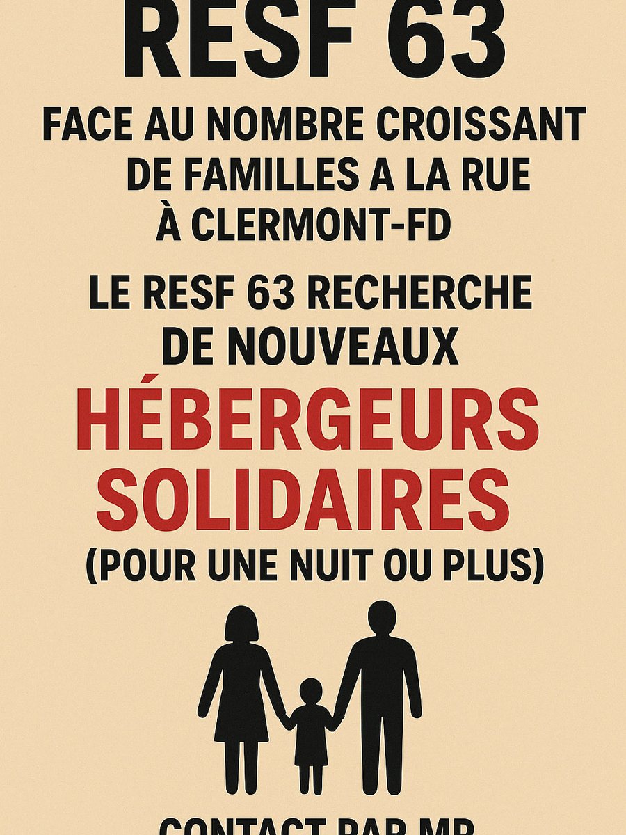 🚨Face au nombre croissant de familles à la rue à #ClermontFd le #Resf63 recherche de nouveaux hébergeurs citoyens solidaires. 

➡️ Si vous avez la possibilité d’héberger une famille pour une nuit ou plus, merci de nous contacter par MP