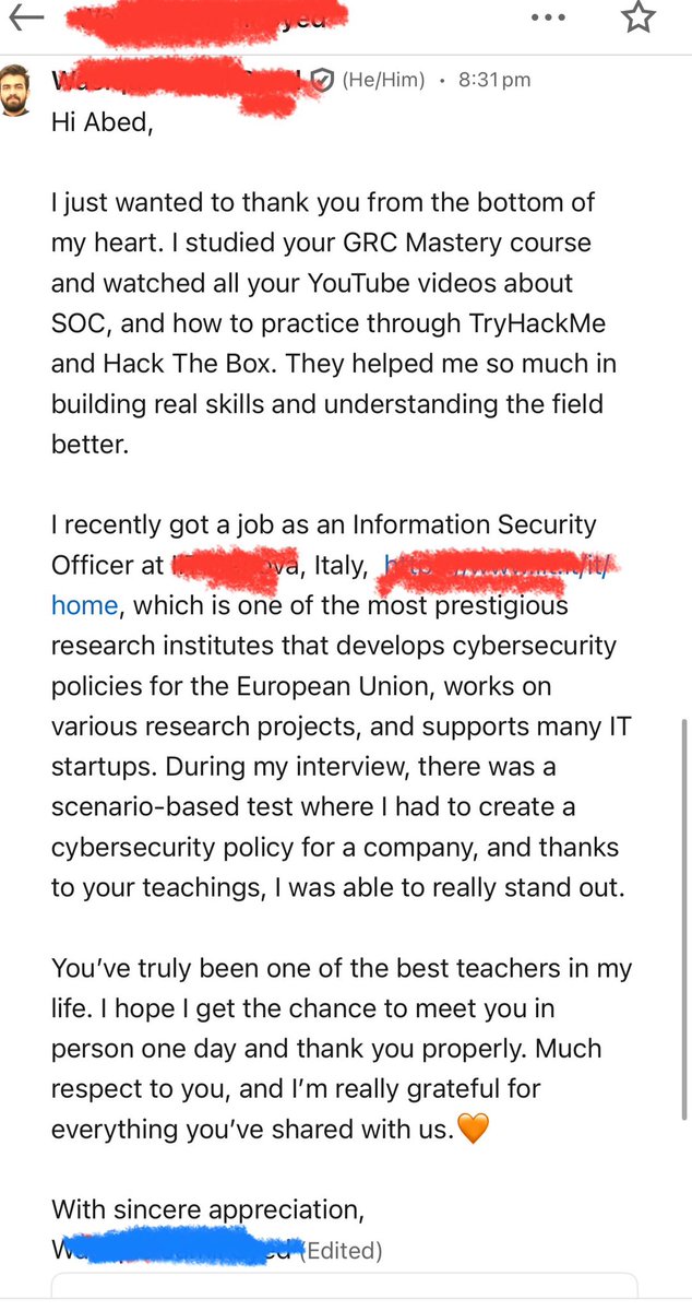 unixguy_cyber's tweet image. Hope you’re all having a lovely weekend! I get messages like this every day and I post some of them to remind that following the roadmaps on my videos get you to your goal 
(wasting time watching random ‘hacking videos’ won’t)