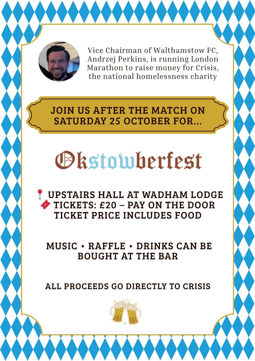 Make sure to join us after the game in the hall at Wadham Lodge to support our Vice Chairman running the London Marathon!

All proceeds go directly to homeless charity Crisis.
