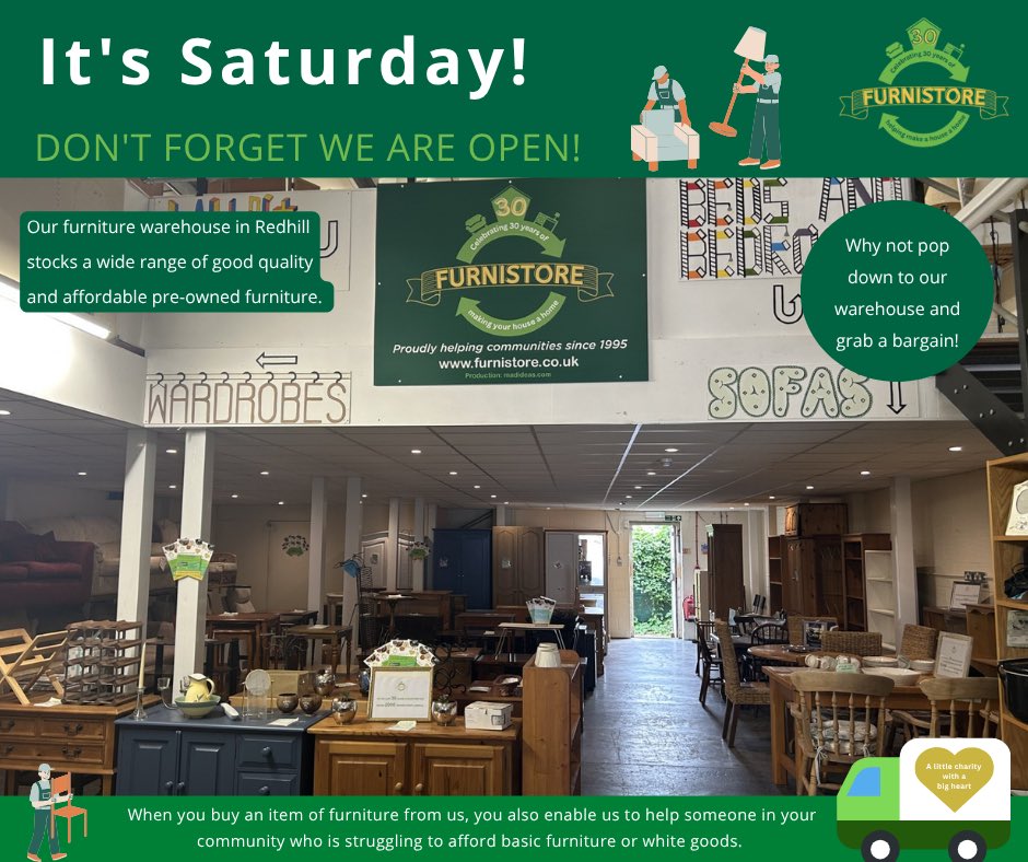 It's Saturday!🙂

Our #furniture warehouse in #Redhill stocks a wide range of good-quality and affordable pre-loved furniture.🛋️

'Why not pop down to our warehouse and grab a #bargain!' 

Supporting our local community with affordable furniture and household goods.🛏️🛋️🪑