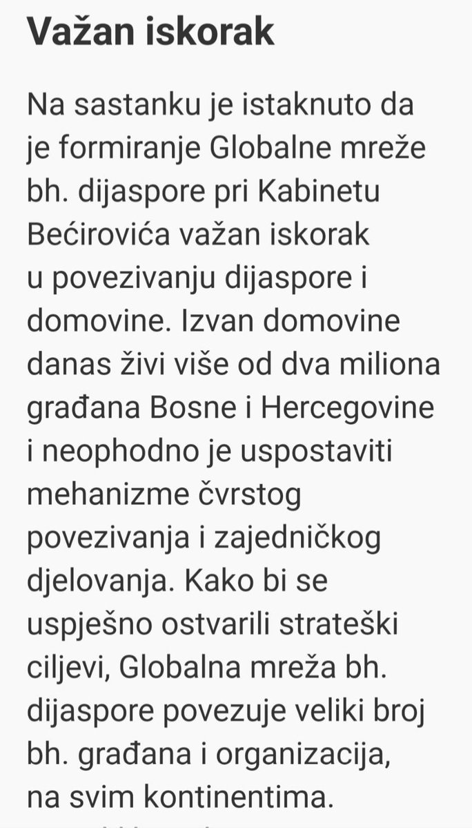 Жељка Цвијановић (@cvijanovic_z) on Twitter photo Ако је тзв. 'Глобална мрежа бх дијаспоре" формирана при кабинету само бошњачког члана Предсједништва БиХ, онда је то мрежа бошњачке дијаспоре. Да постоји јединствена бх дијаспора онда би неко тијело било формирано при трочланом Предсједништву БиХ, на примјер. 
У реалности, Ако је тзв. 'Глобална мрежа бх дијаспоре" формирана при кабинету само бошњачког члана Предсједништва БиХ, онда је то мрежа бошњачке дијаспоре. Да постоји јединствена бх дијаспора онда би неко тијело било формирано при трочланом Предсједништву БиХ, на примјер. 
У реалности,