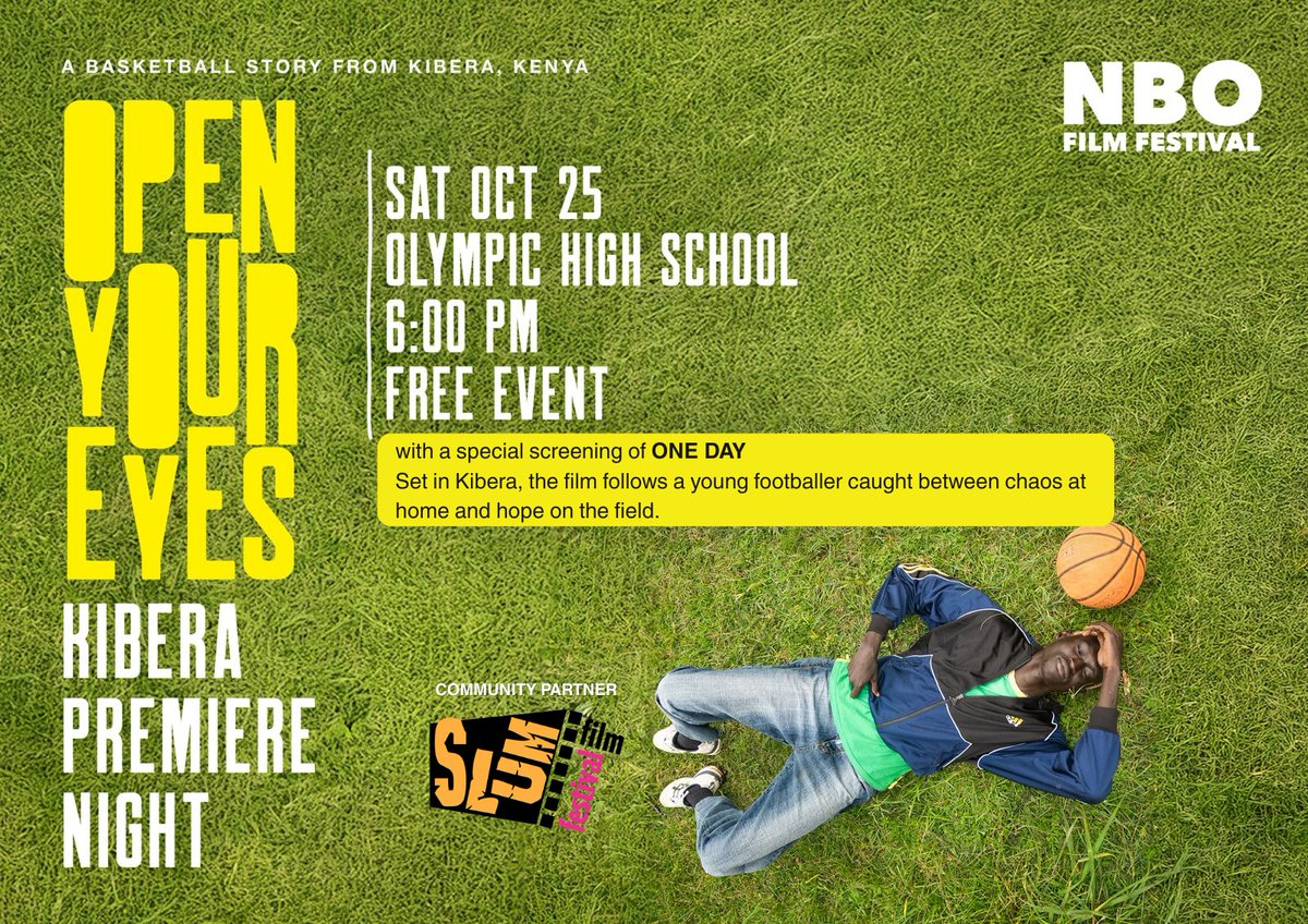 SlumFilmFest's tweet image. Today in Kibera! 
Join us for the Kibera Premiere Night of Open Your Eyes, with a special screening of One Day — stories born and told from the heart of the community.
📍 Olympic High School
🕕 Saturday, Oct 25 | 6:00 PM
🎟️ Free Entry
Partner - NBO Film Festival 
#SFF #NBO