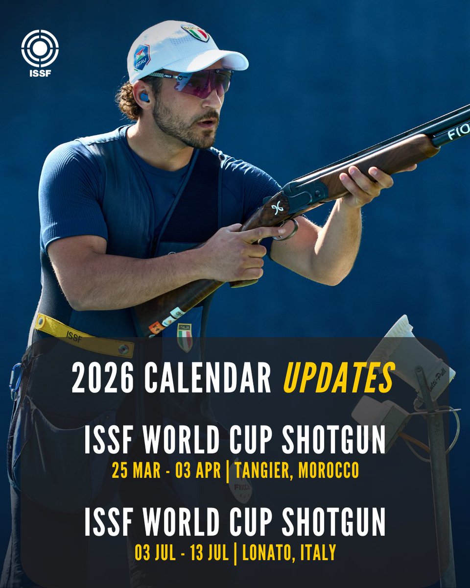 ISSF World Cup legs in Tangier 🇲🇦 and Lonato 🇮🇹 have both been extended by one day to facilitate a more comfortable schedule for athletes competing, including a day of unofficial training for Trap events.

#ISSF #ShootingSports