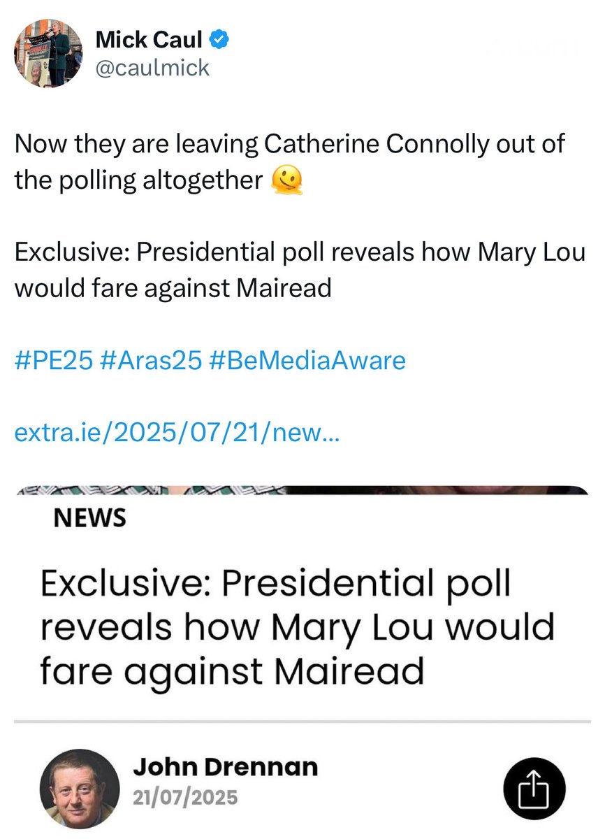 In July, when Catherine Connolly was the only confirmed candidate, the political media regularly excluded her from their polling. But I’m sure they’ll reflect on their own major failings and lack of insight into the election campaigns and the public’s views. Or not.