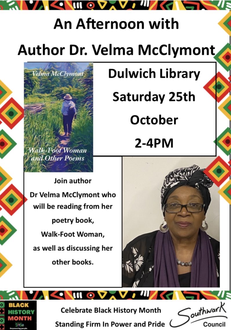 Looking forward to speaking about Walk-Foot Woman &amp; Sentimental Journey at Dulwich Library today. <a href="/BBlakeHannah/">Barbara Blake Hannah, O.D., O.S.E.</a> honoured in Chap 1, 1960s. Book dedicated to <a href="/SirGeoffPalmer/">Sir Geoff Palmer</a>! Ghanaian nurse mentioned in Chap 7 <a href="/BBMBMC/">British black music & music industry runnings...</a>. Rural St Ann 🇯🇲 celebrated Chap 1 <a href="/SharonCOHnF/">Sharon Tomlin 🇯🇲🏴󠁧󠁢󠁥󠁮󠁧󠁿🇳🇬</a> <a href="/Lorna_TVeditor/">Lorna_TVeditor</a>