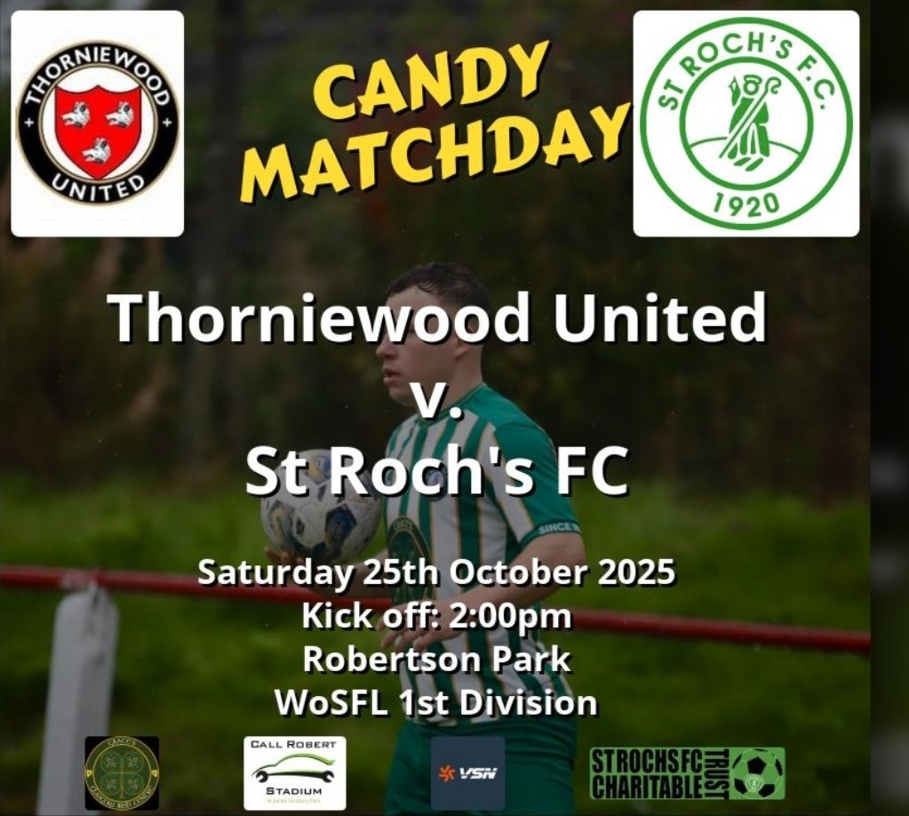 CANDY MATCHDAY
Today we make the journey to Viewpark to play Thorniewood in the WoSFL 1st Division.
Get yourself along to Robertson Park to cheer on Kendo and the boys.
Kick off is 2pm.
'Mon the Candy🍀🍭💚