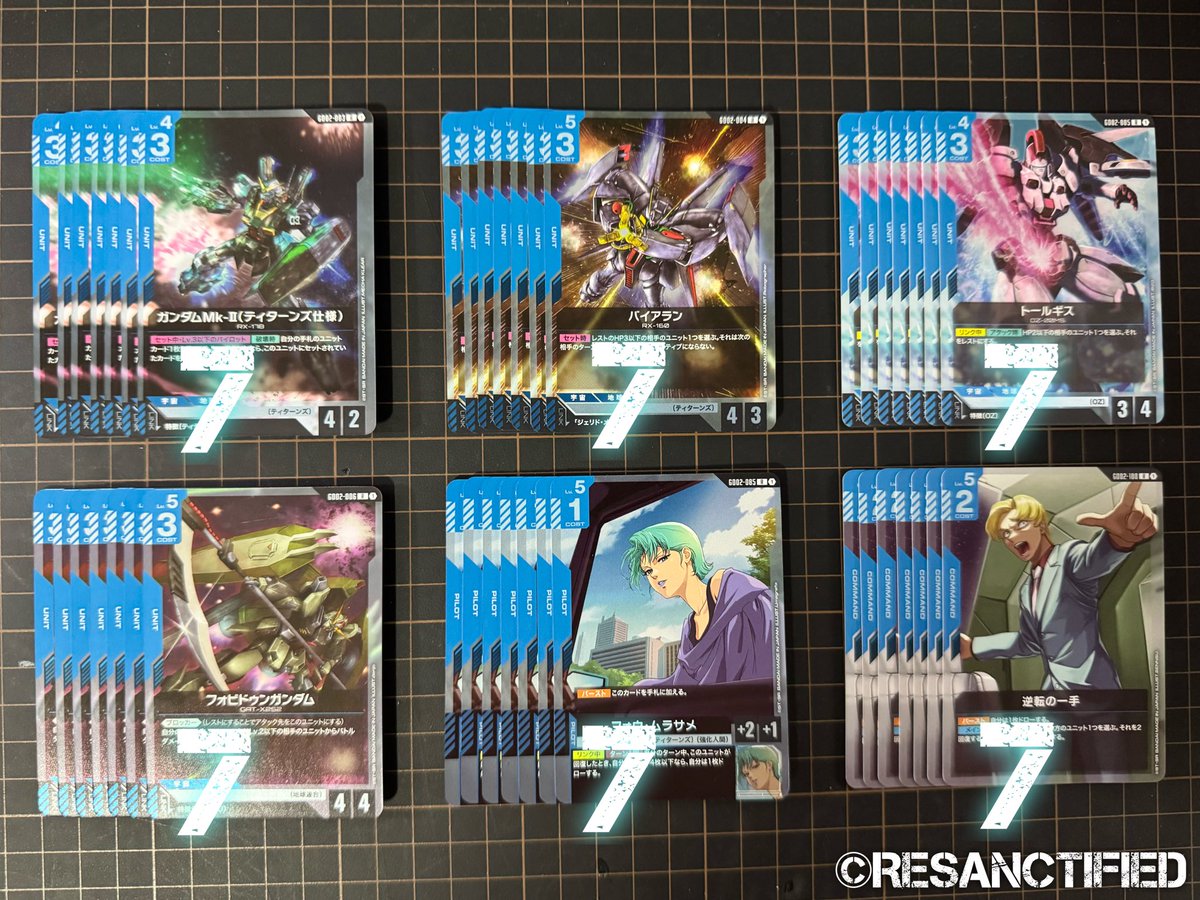 resanctified's tweet photo. [GD02 Case Pulls]

🟦 CUR Quantities

R - 6 types, 7 copies each
U - 8 types, 16 copies each
C - 11 types, 17-18 copies each

#ガンダムカード
#GCG
#GUNDAMCARDGAME https://t.co/AW9FKjx8Q8