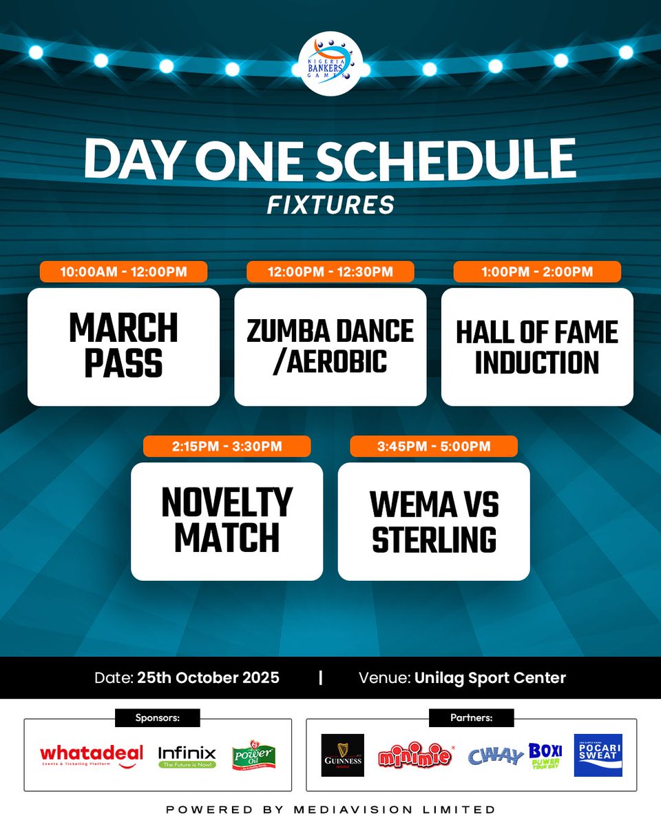 Today’s the kickoff! ⚡🔥

DAY ONE at the Nigeria Bankers Games 2025
From the march past to the final whistle, it’s a full day of action, fitness, fun, and fierce football! 

Catch all the vibes LIVE at Unilag Sports Center 🎉⚽

Let the games begin! 

#NBG2025