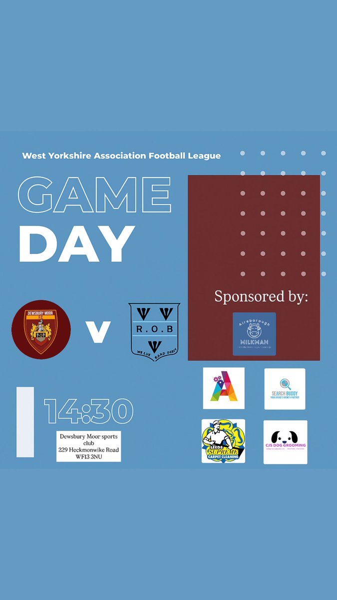 Game day ⚽️

The boys turn their attention to the league cup as we travel to <a href="/DewsburyMoorFC/">Dewsbury Moor FC</a> 

📆 Saturday 25th October
🆚 Dewsbury Moor FC
⏰ 14:30
📍 Dewsbury Moor Playing Fields, WF13 3UZ